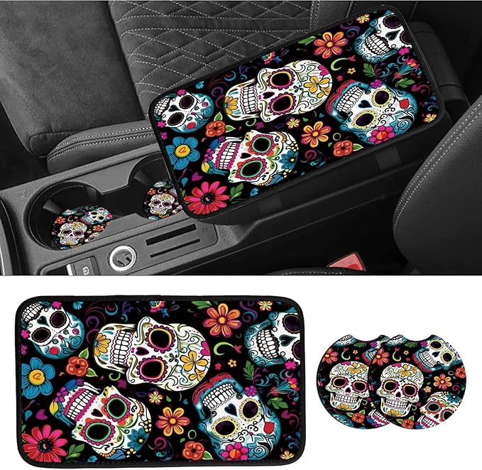 Car Armrest Cover Pads Universal Fashion Cute Auto Center Console Armrest Cover Pad with 2PCS Car Coasters Soft Waterproof Car Armrest Seat Protector for Women Girls, Colorful Skulls
