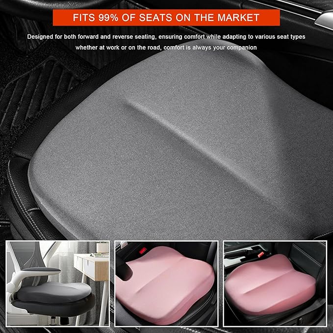 Car Seat Cushion, Ergonomic Memory Foam Auto Seat Boost Mat for Short People Driving, Non-Slip Driver Seats Height Cushion Office Chair Pillow for Tailbone Back Pain Relief (Pink)