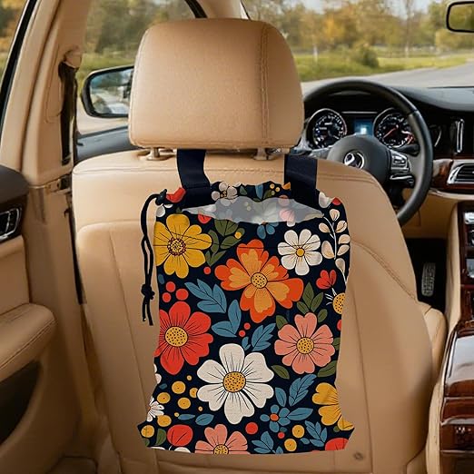 Colorful Flowers Car Trash Bag, Hanging Drawstring Car Garbage Bag,Canvas Car Back Seat Organizer with Adjustable Buckle for Men and Women