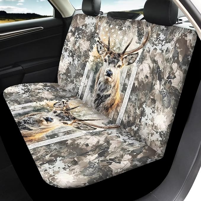 KEIAHUAN Car Seat Cover Full Set of 4 for Men Front Saddle Blanket Rear Split Bench Protection Cover Car Interior Accessories Decoration Fit Most Trucks, SUV or Vans American Flag Camo Deer Hunting