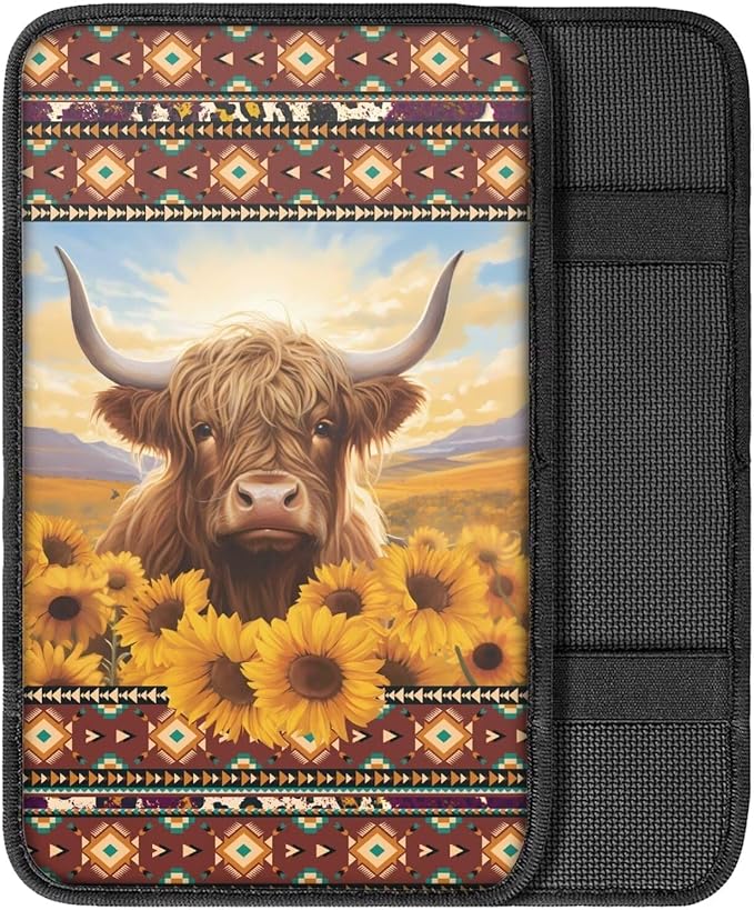 Dreaweet Car Center Console Cover Sunflower Aztec Highland Cow Car Accessories Arm Rest Cover for Truck SUV Van,Car Armrest Cover Center Console Cushion Pad Universal Fit