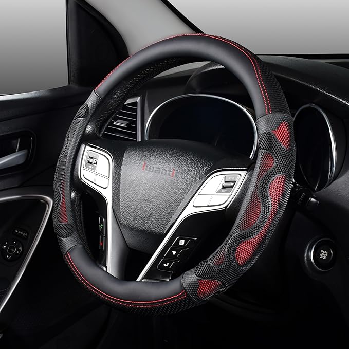 Iwantit® Steering Wheel Cover with 3D Honeycomb Anti-Slip Design and Breathable Fabrics, Universal 14.5-15 Inch (Red/Black)