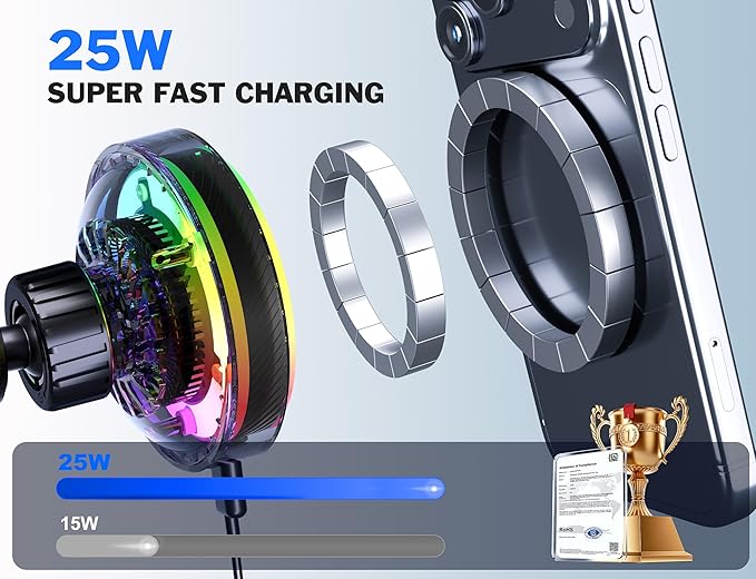 25W MagSafe Compatible Car Mount Charger with Air-Cooled, 3500gf Magnetic Phone Holder for iPhone and Android, Dash Air Vent with Rainbow Ambient Light Valentines Day Gifts