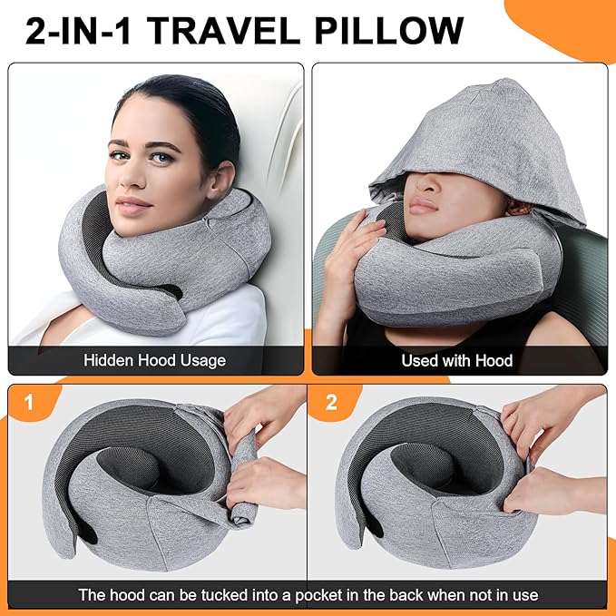Travel Pillow - Hooded Neck Pillow Airplane Memory Foam Filling for Plane, Cars Sleeping, Road Trip, Long Flights, Airplane Travel Essentials, Includes Eye Mask & Earplugs (Light Gray)