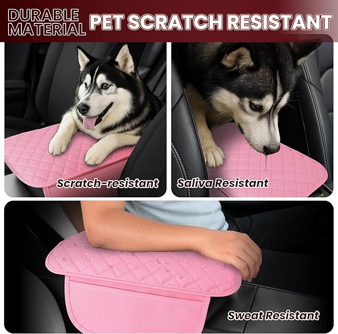 Upgraded Car Center Console Cover Pink,Microfiber Leather Car Armrest Cover Cushion with 2 Storage Bags,Universal Car Armrest Storage Box Car Interior Accessories for Most Vehicles (Pink)