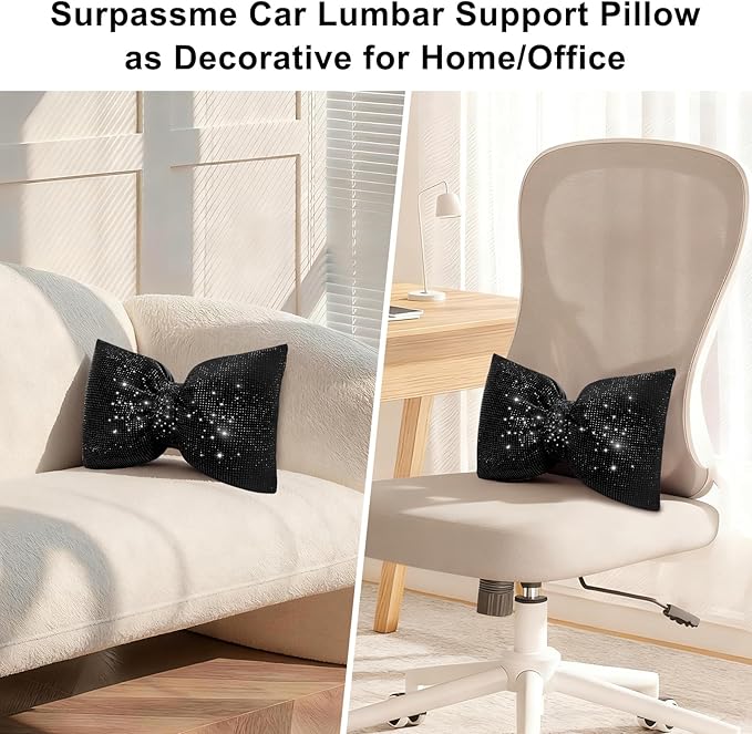 surpassme Rhinestone Lumbar Support Pillow for Car, Bling Back Support Pillow/Cushion Car Accessories for Women(Black)