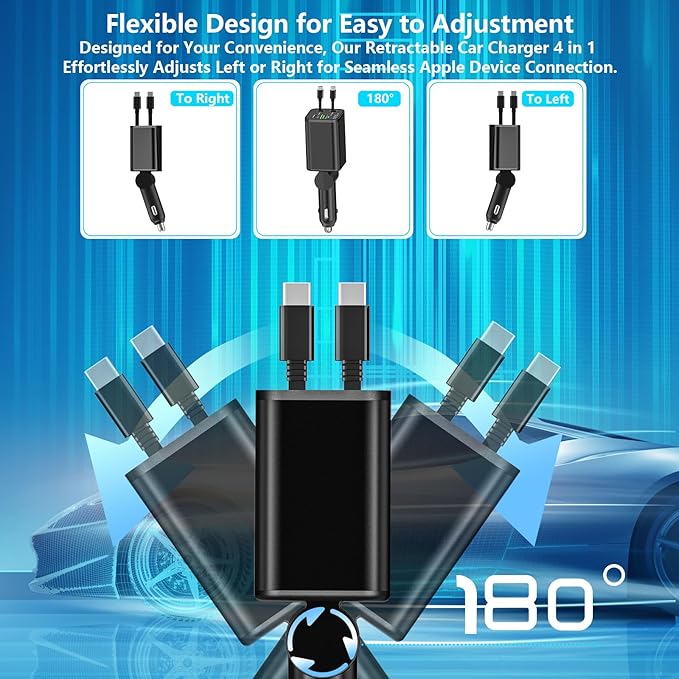 [Apple MFi Certified] Retractable Car Charger USB C, Braveridge 120W USB C Car Charger 4 in 1 PD/QC Type C Fast Charge Cigarette Lighter Adapter for iPhone 17/17 Pro Max/16 Pro/15/Galaxy S26/S25/Pixel