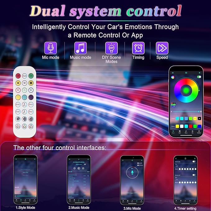 iFunyLED Smart Car Interior LED Lights with App Control, RGB Lights with DIY Mode and Music Mode, 2 Lines Design and Wireless Remote Control, Car Accessories for Women