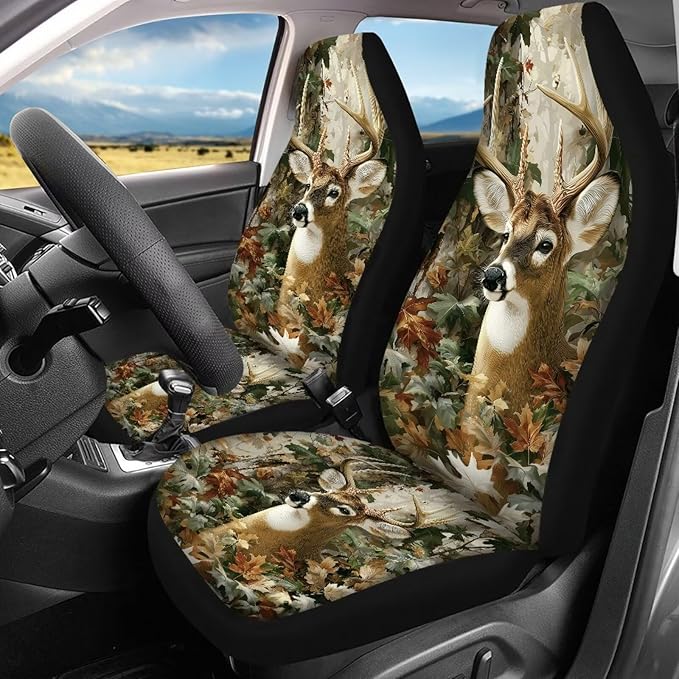KEIAHUAN Camo Hunting Deer Car Front Back Seat Covers Front Bucket Seat Cover & Rear Bench Seat Protector Anti-Slip High Back Automotive Seat Covers Fit Most Vehicle Truck,SUV