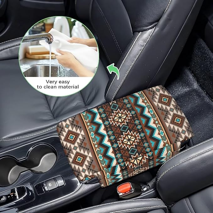 Dreaweet Car Center Console Cover Southwestern Native Indian American Aztec Navajo Arm Rest Cover for Car with Pockets Soft Comfy Thick Car Armrest Cushion Storage Box Mat