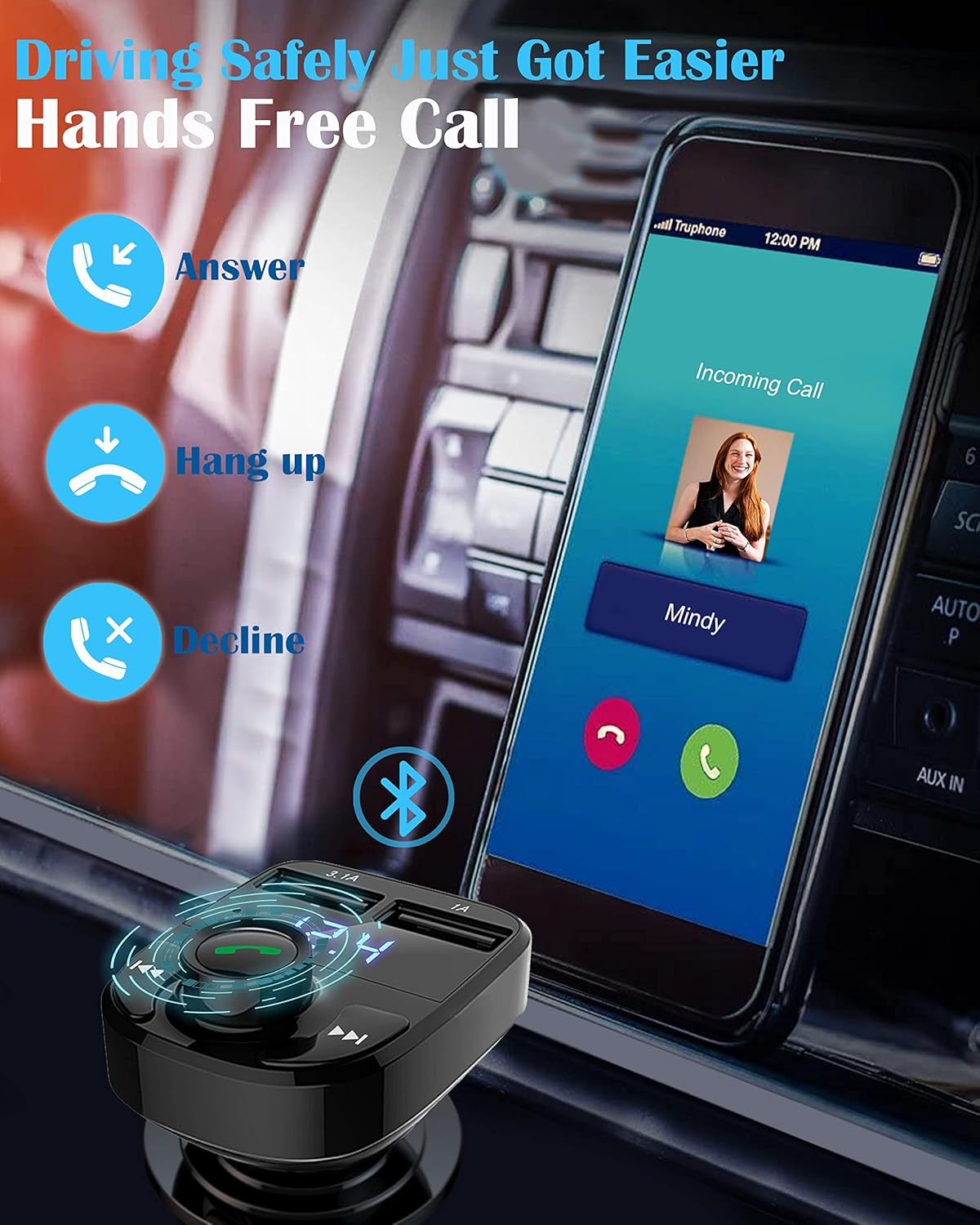 Handsfree Call Car Charger,Wireless Bluetooth FM Transmitter Radio Receiver,Mp3 Audio Music Adapter,Dual USB Port Compatible for All Smartphones,Samsung Galaxy,LG,HTC,etc.