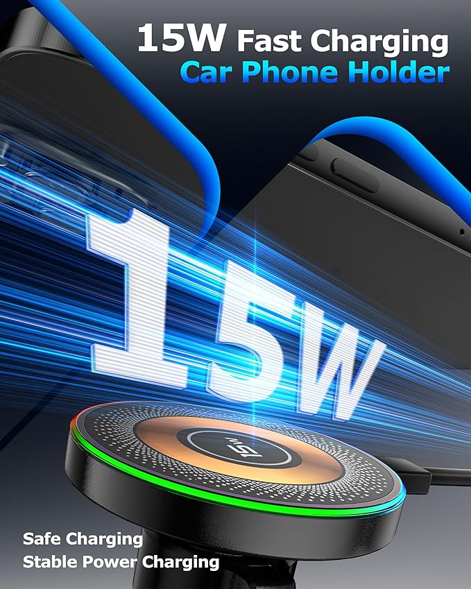 ZBF Magnetic Wireless Charging Car Phone Holder with 15W Fast Charging & Strong Vacuum Suction, 360° Rotatable Dashboard & Windshield Mount for Magsafe iPhone 17/16/15/14/13 Android Galaxy S24/S23/S22