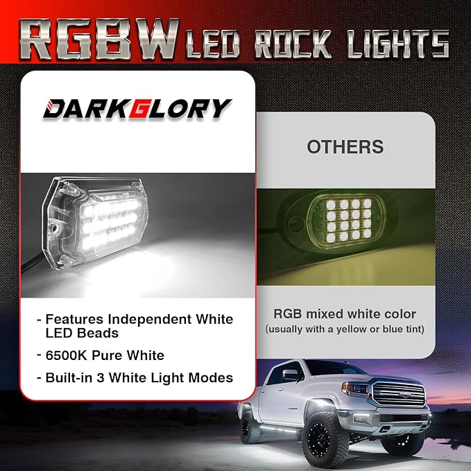 8 Pods Full Angle RGBW LED Rock Lights for Truck ATV UTV RZR SXS Jeeps Van RV Offroad,Waterproof Multicolor Neon Underglow Kit with APP/RF Remote&Brake Red Function, 12V Pure White Underbody Lights