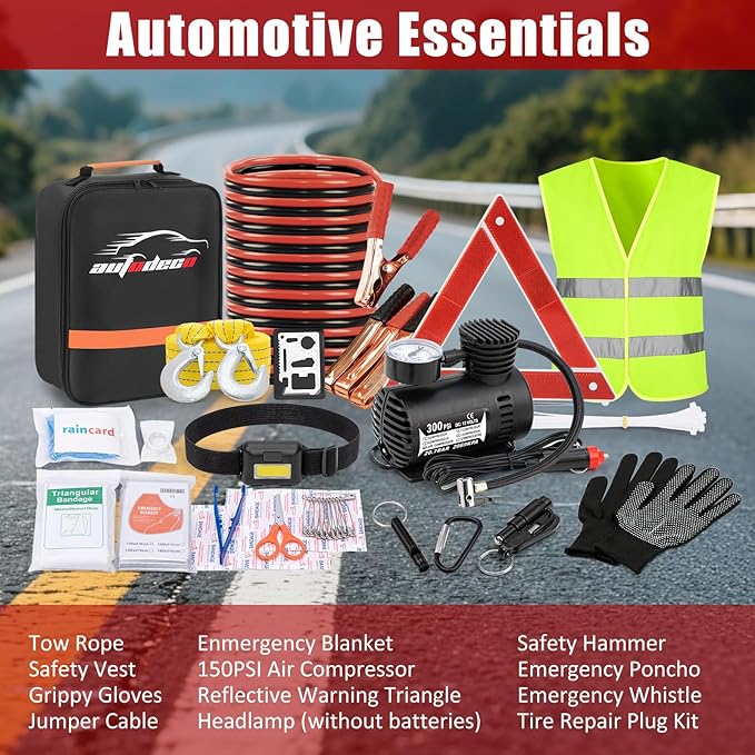 AUTODECO Car Roadside Emergency Kit, Car Safety Kit Portable Vehicle Kits for Emergency with Jumper Cables, Tow Straps, Safety Hammer, Black