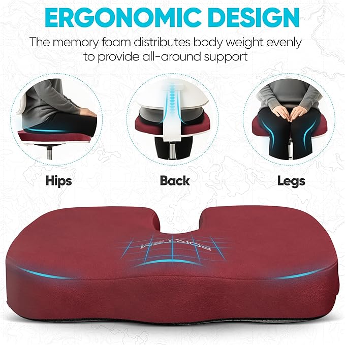 FORTEM Seat Cushion, Office Chair Cushion, Desk Chair Memory Foam, Sciatica Coccyx Tailbone Pain Relief, Pressure Relief, Sitting Pad, for Long Gaming & Sitting, Washable Cover, Non Slip
