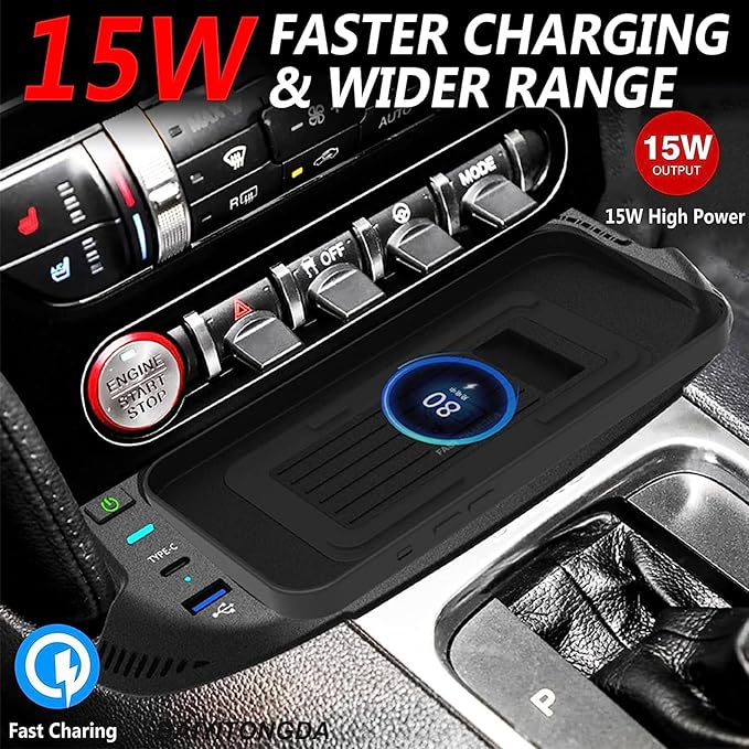 Car Wireless Charger for Ford Mustang 2015-2022, 15W Center Console Wireless Charging Tray Qi Wireless Charging Station with USB Port