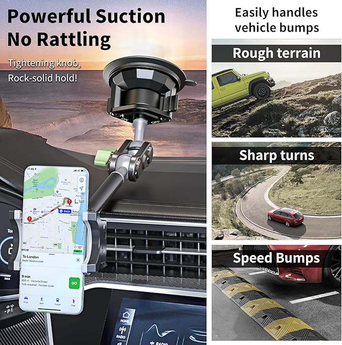 Car Phone Holder-Phone Mount for Car Windshield & Truck-Holder with 360° Rotating Metal Arm-Mount with Super Stable Suction Cup for All Vehicles