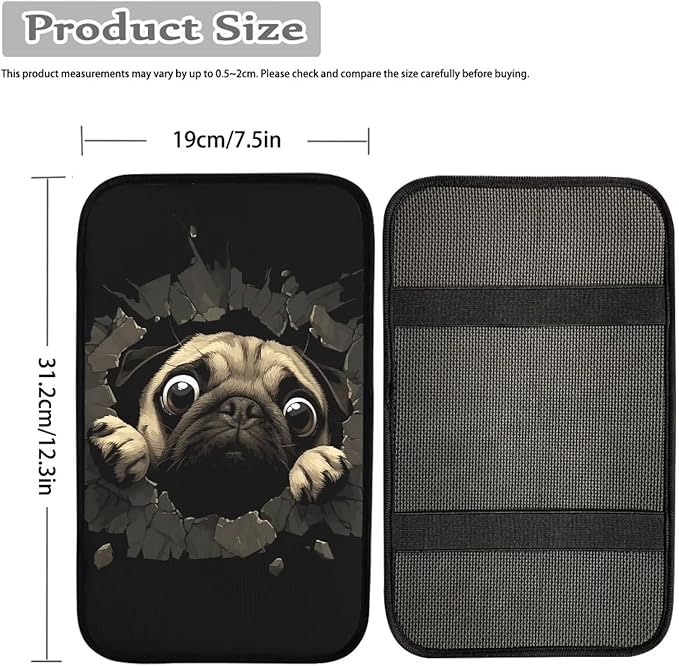 Funny Pug Car Center Console Armrest Pad Cute Dog Car Center Console Cover Dustproof Car Accessoriess Seat Box Pad for Auto Sedan, Van, SUV, Truck