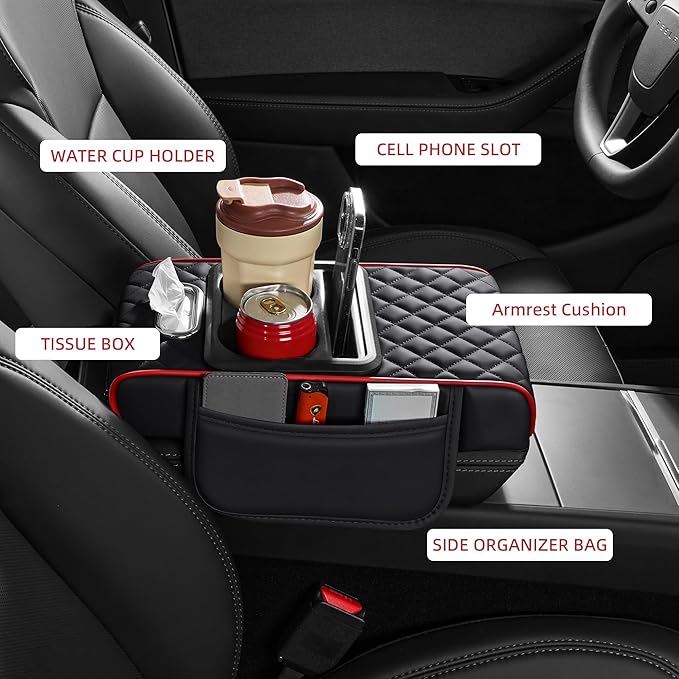 5 in 1 Car Center Console Cover, Armrest Pad with 2 Storage Pockets, Cup Holder, Tissue Box Slot, Phone Holder, Universal Car Interior Organizer (Black with Red Stitching)