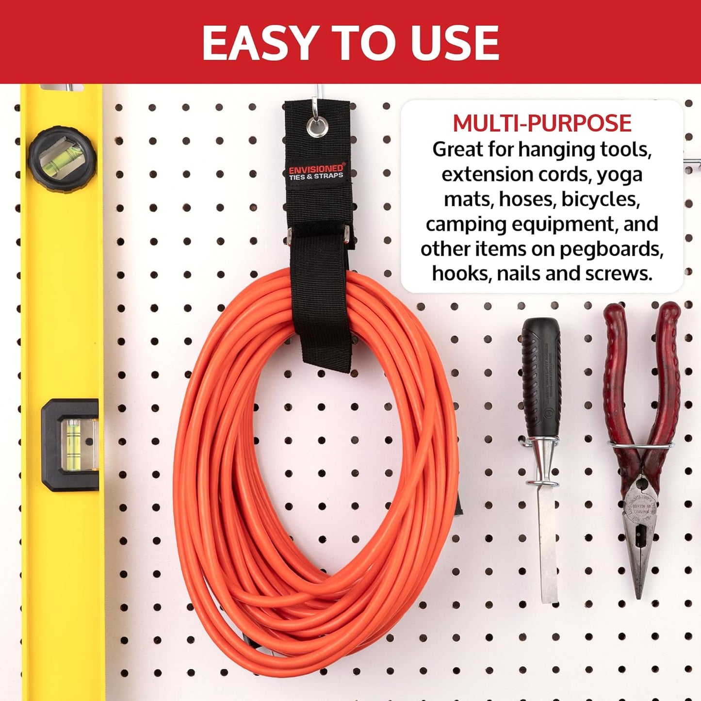 Heavy Duty Hanging Storage Cinch Straps with Metal Buckle (4 Pack, 1.5" x 20") - Electrical Extension Cord & Garden Hose Holder, Cable Management, Storage Organizer in Garage, Workshop - ENVISIONED