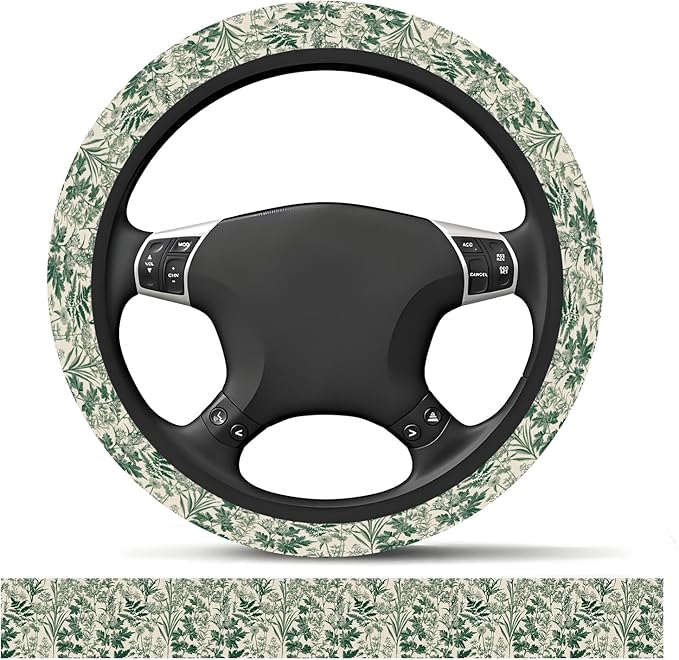 Elastic Car Steering Wheel Cover, Universal 20 inch Non-Slip Breathable Neoprene Steering Wheel Protector, Car Accessories for Women Men Fit Auto, Suvs, Truck Green Floral