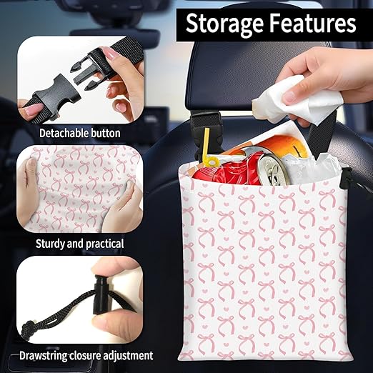 Car Trash Bag Large Hanging Can for Back of Seat, Cute Waterproof Car Garbage Bag for Vehicle, Travelling, Outdoor Cute Pink Bow Heart