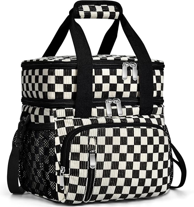 Insulated Lunch Bag for Women, Double Leakproof Lunch Box Soft Cooler Tote with 5 Pockets, 600D Oxford, EVA Lining, Adjustable Strap for Work, Picnic, Beach&Travel- Corduroy Black Checkered
