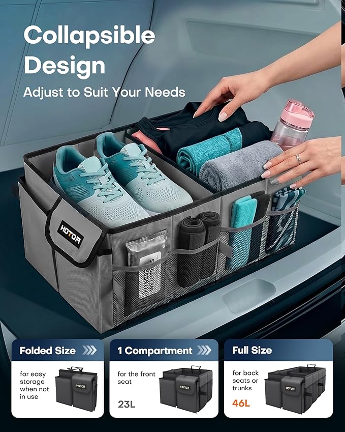 HOTOR Trunk Organizer for Car - Car Organizer, Foldable Trunk organizer for SUVs & Sedans, Sturdy Organization for Car Accessories, Tools, Sundries, Grey, 2 Compartments, 21.3"×12.6"×10.6"