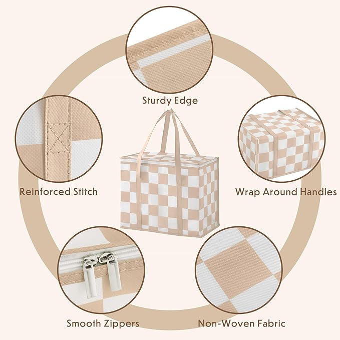 Checkered Insulated Grocery Bags 2 Pack, Checkerboard Cooler Shopping Bags for Groceries, Insulated Bags for Food Delivery