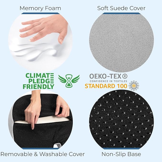 5 STARS UNITED Seat Cushion - Memory Foam Chair Cushion for Tailbone Pain Relief - Ergonomic Support for Coccyx, Sciatica & Butt - Office, Desk & Gaming Chair, Car Seat, Wheelchair, Light Gray Suede
