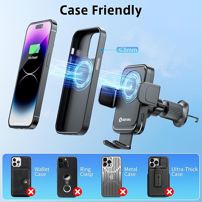 SONRU Car Phone Holder Wireless Charger, Qi 15W Wireless Car Charger Fast Charging Auto Clamping Car Charger Mount Suction Holder Dashboard Air Vent for iPhone 16/15/14/13/12/11, Samsung S25/24