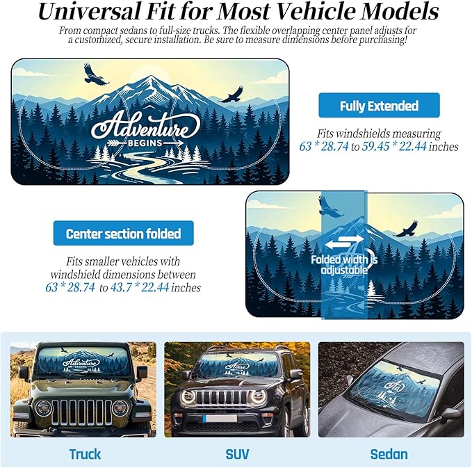 63"x28.5" Car Windshield Sun Shade with Storage Pouch, Stylish Printed Front Window Sunshade with Double Ring Frame, Universal Fit Foldable Heat Blocker & UV Protector for SUV, Sedan (Adventure-Peak)