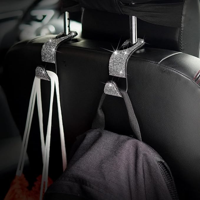 Car Purse Hook Bling Car Headrest Hook for Women Girls, 4 Packs Auto Back Seat Hangers Rear Headrest Hook for Purse, Bag, Handbag, Grocery (Silver)