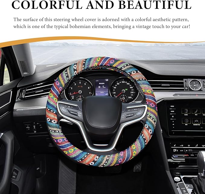 Boho Steering Wheel Cover, 15 Inch Coarse Flax Cloth Ethnic Style Anti-Slip Car Wheel Wrap, Universal Breathable Bohemian Steering Wheel Protector for Cars Vans Trucks (A)