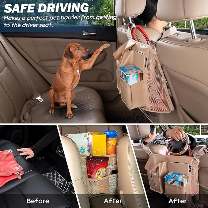 Car Seat Back Organizer, Net Purse Hangbag Holder for Car, Auto Driver Or Passenger Accessories Organizer, Vehicle Console Caddy, Personal Travel Storage Bag for Pet Kids Adults, Pu Leather Beige