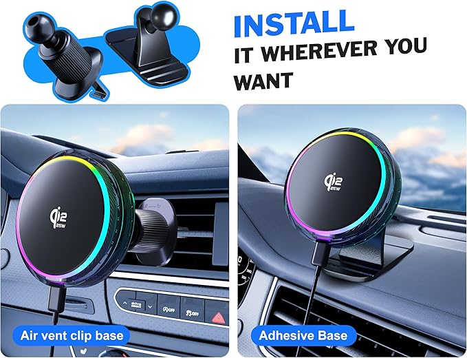 25W MagSafe Compatible Car Mount Charger with Air-Cooled, 3500gf Magnetic Phone Holder for iPhone and Android, Dash Air Vent with Rainbow Ambient Light Valentines Day Gifts