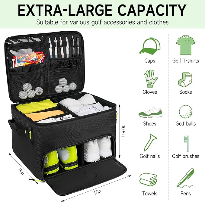 Golf Trunk Organizer, 2 Layers Golf Accessories Bag for Men, Waterproof Car Golf Storage Organizer with Compartment for 2 Pairs of Shoes, Golf Gifts for Men Women, Black