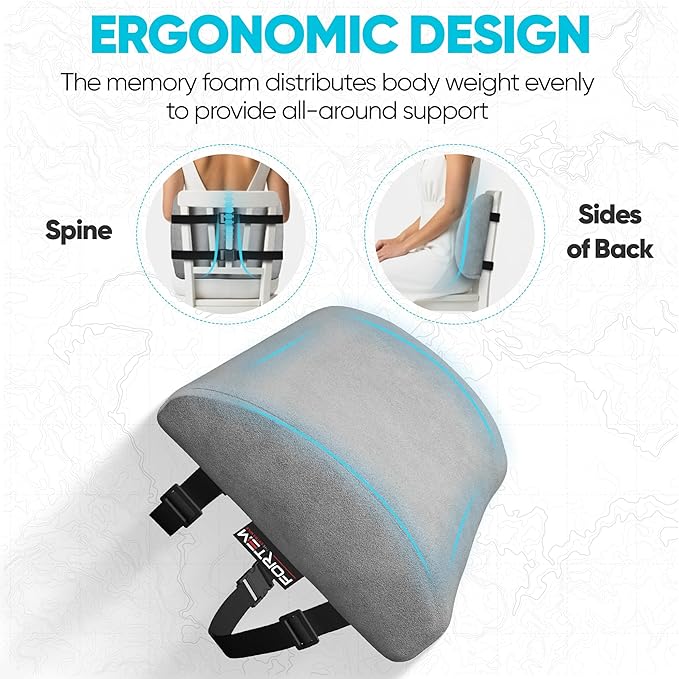 FORTEM Lumbar Support Pillow for Office Chair, Lumbar Support Pillow for Car, Back Rest for Gaming, Memory Foam Pillow, Desk Chair Cushion, Breathable & Washable Cover, Adjustable Straps
