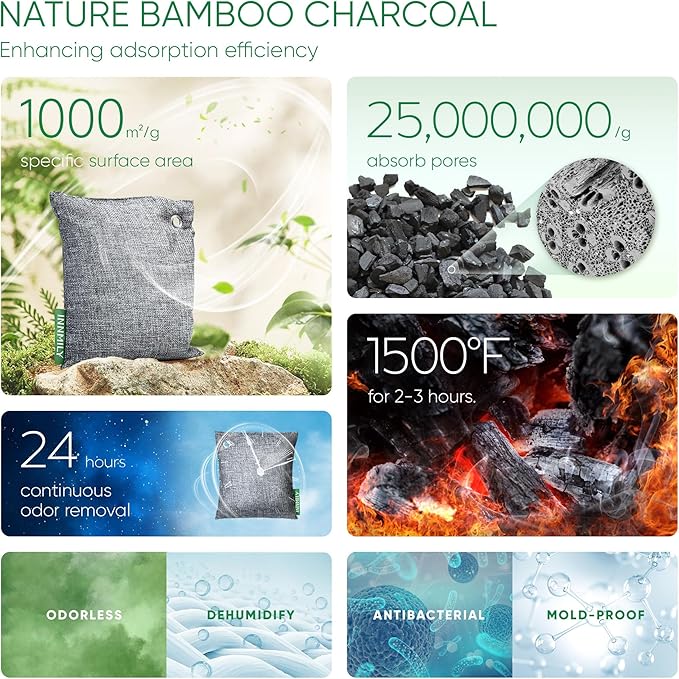 Activated Charcoal Odor Absorber, Large 10 Pack w Hooks Nature Odor Remover for Strong Odor, Bamboo Charcoal Air Purifying Bags, Odor Eliminator for Home Car Closet Pet, Smoke Deodorizer