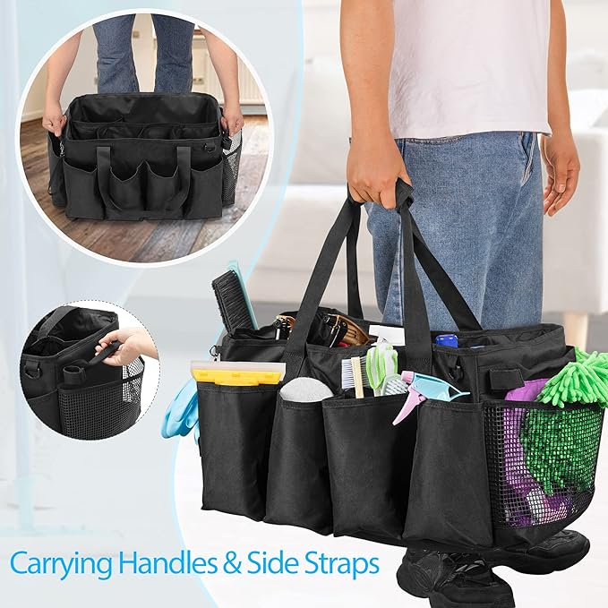 HODRANT Extra-Large Cleaning Caddy, Organizer with Handles for Cleaning Tools & Products Storage, Large Capacity Tote Bag for Car, Home & Housekeeping Work, Black