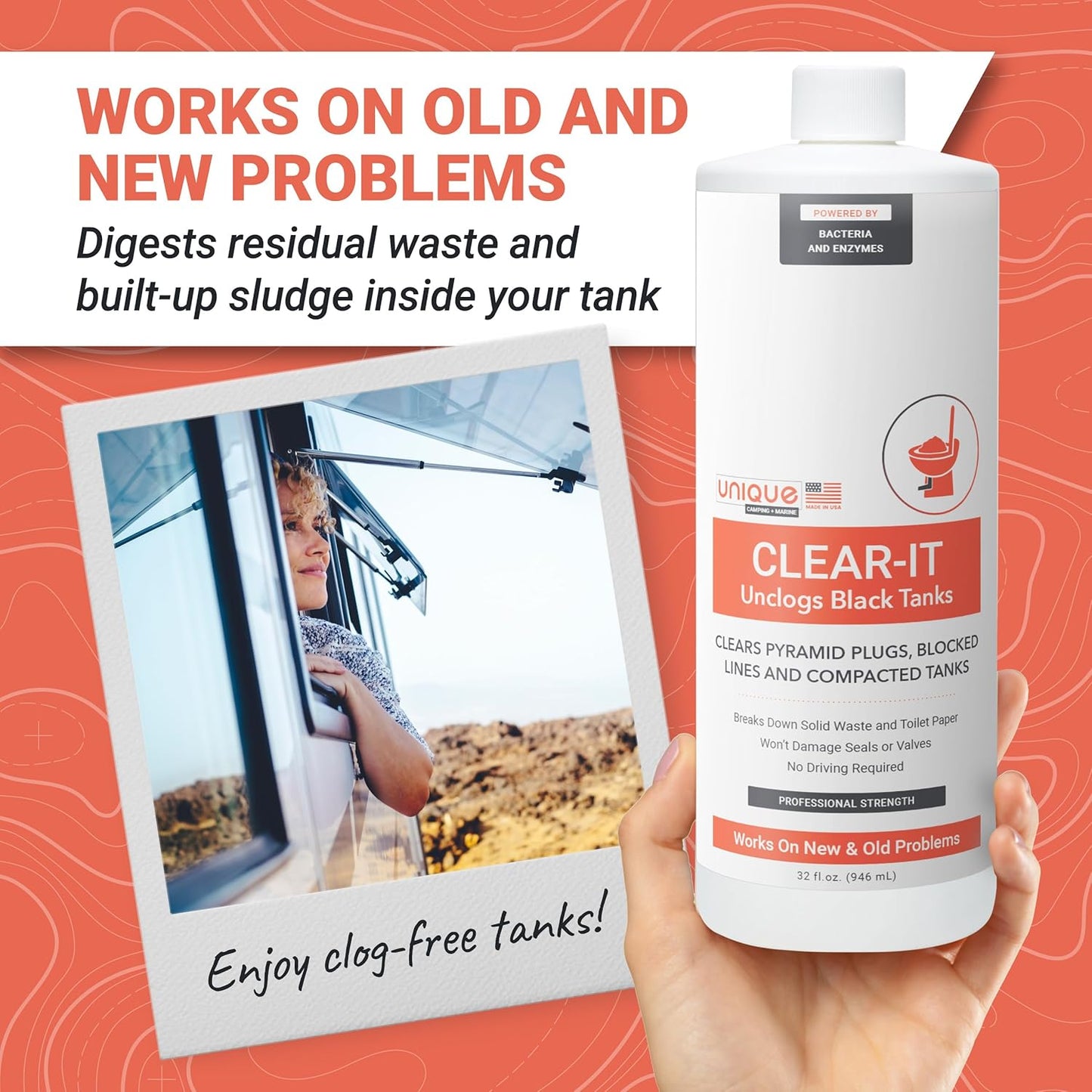 Unique Clear-It RV Black Tank Unclogger Liquid - Breaks Through Pyramid Plugs, Compacted Tanks, and Clogged Pipes (32 oz)