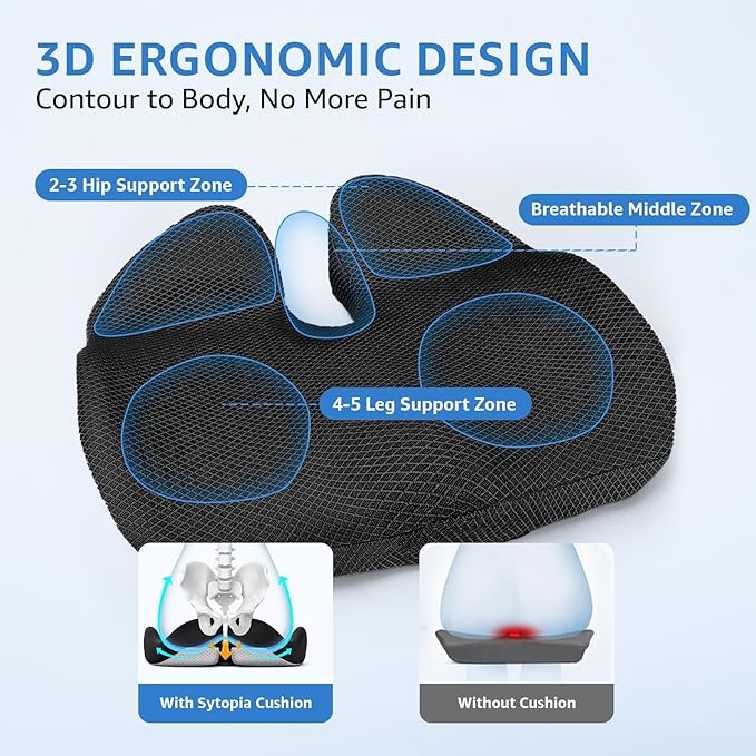 Sytopia Extra Large Office Chair Cushion, 19" x 17" Ergonomic Memory Foam Seat Cushion, Pressure Relief for Tailbone Pain, Sciatica & Hip Pain, Booster Pad for Sitting & Driving, Black