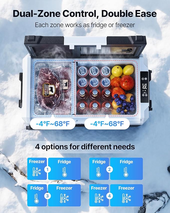 VEVOR Car Refrigerator, DC 12/24V AC100-240V Compressor Electric Cooler, -4°F to 68°F Truck Refrigerator with APP Control, Wheels & Dual Zone, 48 QT Cars Cooler for RVs, Boats, Camping, Fishing