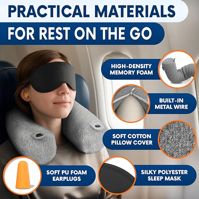 Memory Foam Neck Pillow Travel Airplane - Comfortable & Adjustable Twist Airplane Pillow for Long Flight with Soft Washable Velvet Cover, Eye Mask & Earplugs | 360° Neck Support, Chin, Lumbar