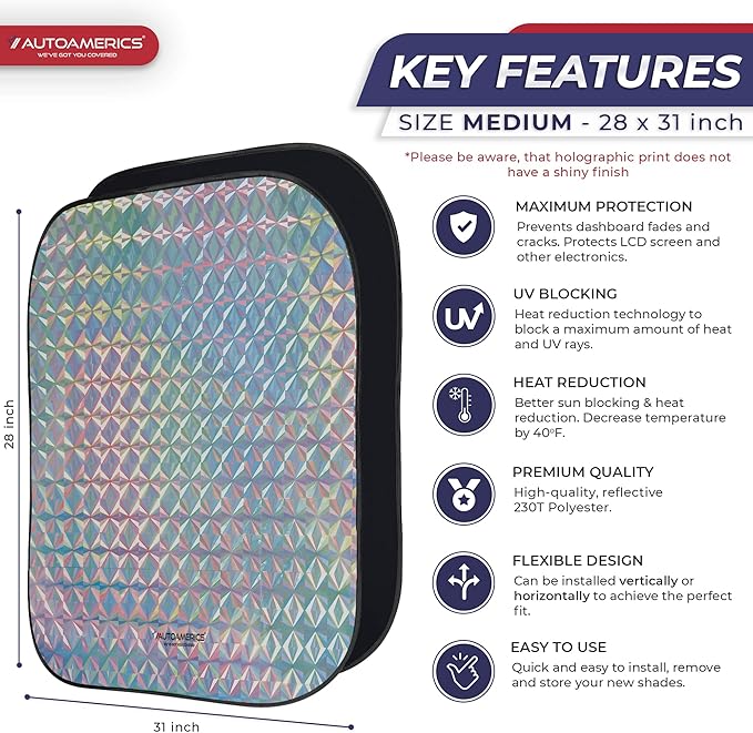 Autoamerics 2-Piece Windshield Sun Shade - Holographic Foldable Car Front Window Sunshade for Most Cars SUV Truck - Heat Blocker Visor Protector Blocks Max UV Rays and Keeps Your Vehicle Cool - Medium