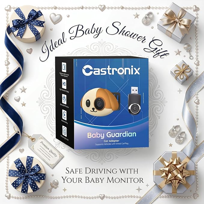 Cabin Care 1080P Baby Car Camera with Wireless CarPlay Adapter for iPhone Only, Real-Time Rear Seat Monitor, 150° Wide-Angle, IR Night Vision, Works with Factory Wired CarPlay (Dog)