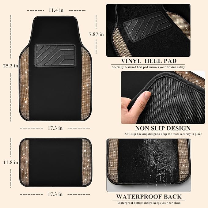CAR PASS Bling Diamond Car Floor Mats, Shining Rhinestone Carpet Sparkly Glitter Crystal with Anti-Slip PVC Heel Pad Waterproof Universal Fit Automotive SUV,Sedan,Van,Cute Girl Women,4pcs Golden