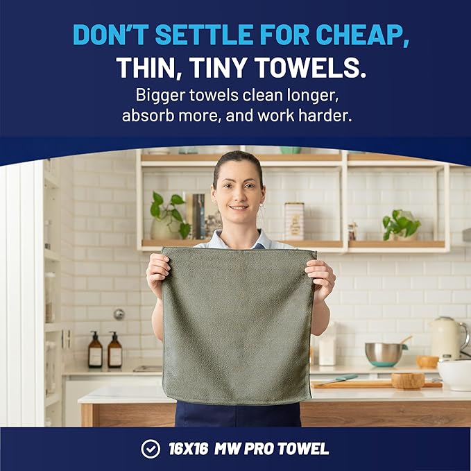MW Pro Microfiber Cleaning Cloth | Olive | 12 Pack | 16” x 16” | All Purpose Microfiber Towels - Clean, Dust, Polish, Scrub, Absorbent