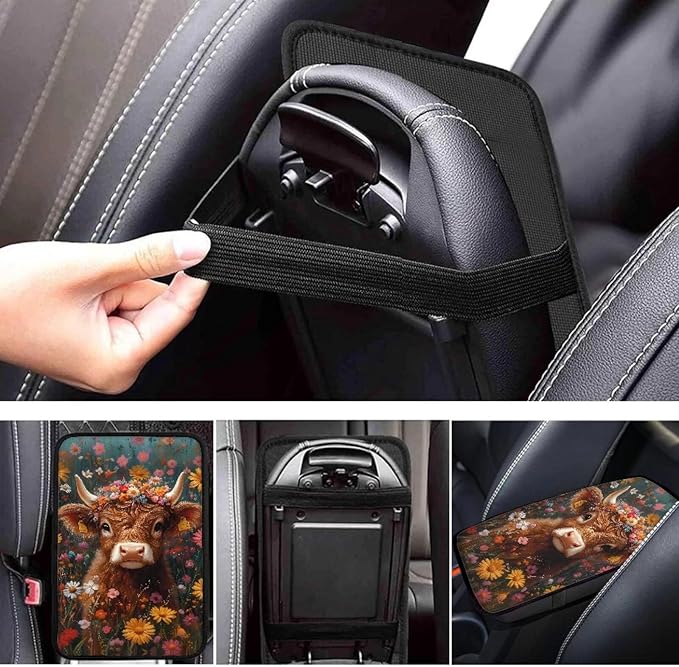 Dreaweet Car Center Console Cover Cute Highland Cow Car Accessories Interior for Women Soft Comfy Arm Rest Cover for Truck SUV Van,Car Armrest Cover Center Console Cushion Pad Universal Fit