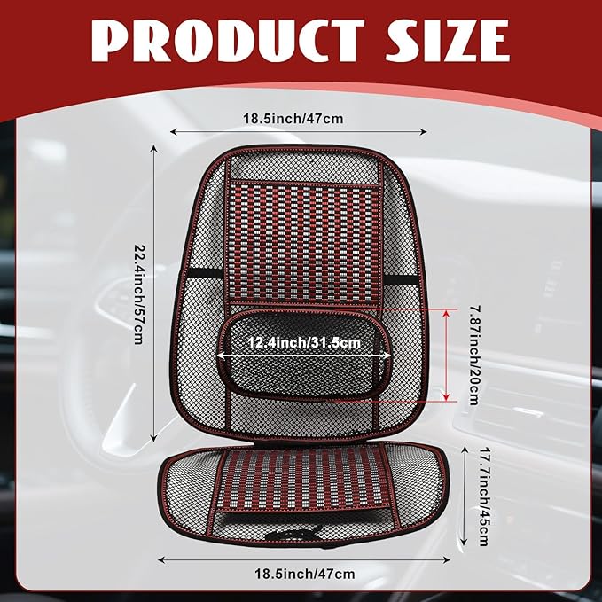 JSCARLIFE Breathable Car Seat Cushion, Summer Cooling Bamboo Single Seat Pad with 3D Lumbar Support - Airbag Compatible Driver Seat Mat for Long Drive Fatigue Relief